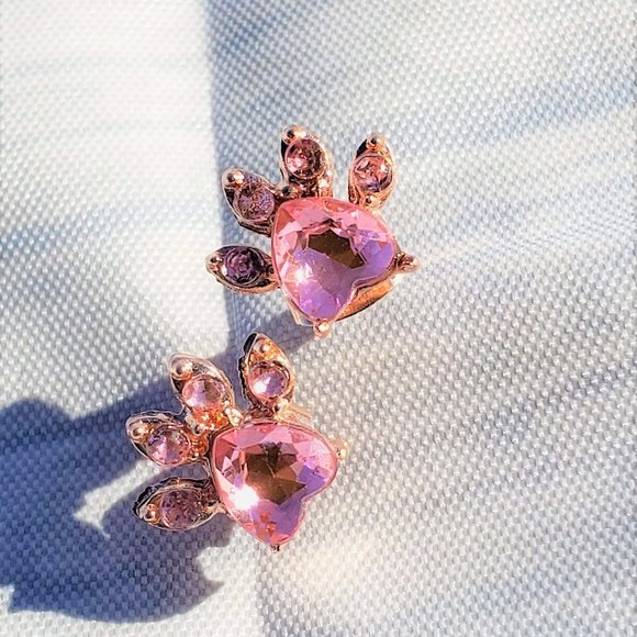 Pink & Rose Gold Dog Cat Paw Print Earring Puppy - Picture 5 of 5